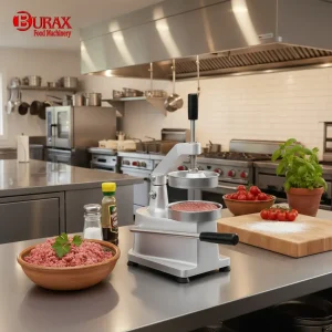 تصویر آماده سازی و پرس همبرگر با دستگاه همبرگرزن صنعتی براکس