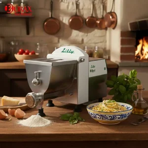 تصویر یک دستگاه پاستا ساز یا پاستا میکر در یک آشپزخانه شیک و صنعتی در حال تولید اسپاگتی