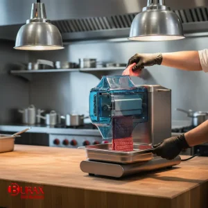 یک دستگاه بیفتک زن یا بیفتک کوب در حال آماده سازی استیک