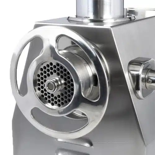 یک دستگاه چرخ گوشت فاما ایتالیایی مدل TI32RS نقره ای رنگ در یک زمینه سفید متعلق به تجهیزات آشپزخانه صنعتی ماشین آلات صنایع غذایی تجهیزات حرفه ای آشپزخانه تجهیزات آشپزخانه براکس