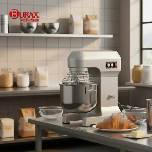 تصویر میکسر قنادی در یک آَپزخانه صنعتی و یک کروسان